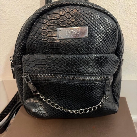 BCBG Paris Black Faux Snakeskin Mini Backpack Chain Detail